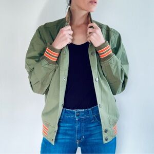 Rock Board Bomber Jacket 100% Cotton Letterman Style Green Varsity Stripe Knit M